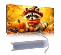 DISUOFEART Playmat for MTG & Magic: The Gathering, 28x16 inch Non-Slip TCG Game Mat for Commander, Thanks Raccoon with Pumpkin Leaves Card Game Table Mat