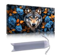 DISUOFEART Playmat for MTG & Magic: The Gathering, 28x16 inch Non-Slip TCG Game Mat for Commander, Wolf with Blue Roses and Autumn Leaves Card Game Table Mat