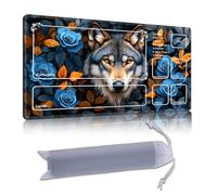 DISUOFEART Playmat for MTG & Magic: The Gathering with Zones, 24x14 inch Non-Slip TCG Game Mat for Commander, Wolf with Blue Roses and Autumn Leaves Card Game Table Mat