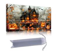 DISUOFEART Playmat for MTG & Magic: The Gathering with Zones, 24x14 inch Non-Slip TCG Game Mat for Commander, Haunted House with Pumpkins Bats Card Game Table Mat