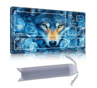 DISUOFEART Playmat for MTG & Magic: The Gathering with Zones, 24x14 inch Non-Slip TCG Game Mat for Commander, Blue Wolf with Roses Fantasy Card Game Table Mat