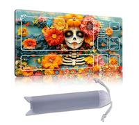 DISUOFEART Playmat for MTG & Magic: The Gathering with Zones, 28x16 inch Non-Slip TCG Game Mat for Commander, Colorful Day of Dead Skull & Pumpkin Card Game Table Mat
