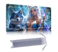 DISUOFEART Playmat for MTG & Magic: The Gathering with Zones, 28x16 inch Non-Slip TCG Game Mat for Commander, Fox Girl Mage with Wolf Companion Card Game Table Mat