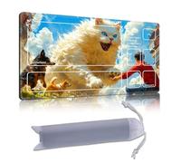 DISUOFEART Playmat for MTG & Magic: The Gathering with Zones, 28x16 inch Non-Slip TCG Game Mat for Commander, Giant White Cat with Dogs & Man Card Game Table Mat