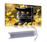 DISUOFEART Playmat for MTG & Magic: The Gathering with Zones, 28x16 inch Non-Slip TCG Game Mat for Commander, Black Cat in Witch Hat Yellow Flower Card Game Table Mat