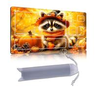DISUOFEART Playmat for MTG & Magic: The Gathering with Zones, 28x16 inch Non-Slip TCG Game Mat for Commander, Thanks Raccoon with Pumpkin Leaves Card Game Table Mat