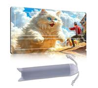 DISUOFEART Playmat for MTG & Magic: The Gathering with Zones, 28x16 inch Non-Slip TCG Game Mat for Commander, Giant White Cat Chasing Man & Dog Card Game Table Mat