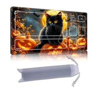 DISUOFEART Playmat for MTG & Magic: The Gathering with Zones, 28x16 inch Non-Slip TCG Game Mat for Commander, Black Cat on Pumpkins & Moon Card Game Table Mat