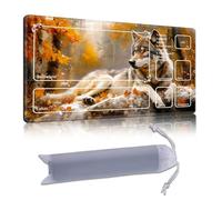 DISUOFEART Playmat for MTG & Magic: The Gathering with Zones, 28x16 inch Non-Slip TCG Game Mat for Commander, Grey Wolf Resting in Autumn Forest Card Game Table Mat