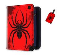 DISUOFEART RFID Passport Holder for Travel with Luggage Tags, PU Leather Passport Wallet with Multiple Card Slots, Travel Passport Case for Men & Women-11, Red & Black Spider Silhouette, Art Deco