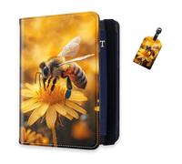 DISUOFEART RFID Passport Holder for Travel with Luggage Tags, PU Leather Passport Wallet with Multiple Card Slots, Travel Passport Case for Men & Women-21, Bee on Yellow Flower, Art Deco