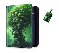 DISUOFEART RFID Passport Holder for Travel with Luggage Tags, PU Leather Passport Wallet with Multiple Card Slots, Travel Passport Case for Men & Women-21, Skull Tree Eerie Green Glow, Art Deco