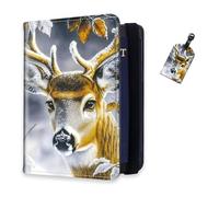 DISUOFEART RFID Passport Holder for Travel with Luggage Tags, PU Leather Passport Wallet with Multiple Card Slots, Travel Passport Case for Men & Women-8, Deer for Winter Scene, Art Deco
