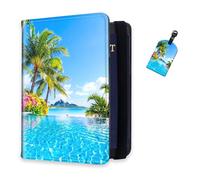 DISUOFEART RFID Passport Holder for Travel with Luggage Tags, PU Leather Passport Wallet with Multiple Card Slots, Travel Passport Case for Men & Women-2, Coconut Trees Ocean Serenity, Art Deco