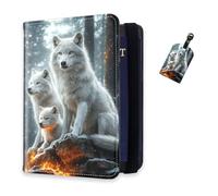 DISUOFEART RFID Passport Holder for Travel with Luggage Tags, PU Leather Passport Wallet with Multiple Card Slots, Travel Passport Case for Men & Women-22, White Wolves on Frosted Rock, Art Deco