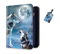DISUOFEART RFID Passport Holder for Travel with Luggage Tags, PU Leather Passport Wallet with Multiple Card Slots, Travel Passport Case for Men & Women-10, Wolves Howling at the Moon, Art Deco