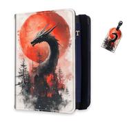 DISUOFEART RFID Passport Holder for Travel with Luggage Tags, PU Leather Passport Wallet with Multiple Card Slots, Travel Passport Case for Men & Women-24, Black Dragon Against Red Moon, Art Deco