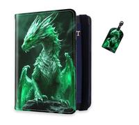 DISUOFEART RFID Passport Holder for Travel with Luggage Tags, PU Leather Passport Wallet with Multiple Card Slots, Travel Passport Case for Men & Women-22, Green Glowing Dragon, Art Deco