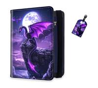 DISUOFEART RFID Passport Holder for Travel with Luggage Tags, PU Leather Passport Wallet with Multiple Card Slots, Travel Passport Case for Men & Women-5, Black Dragon with Purple Scales, Art Deco