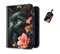 DISUOFEART RFID Passport Holder for Travel with Luggage Tags, PU Leather Passport Wallet with Multiple Card Slots, Travel Passport Case for Men & Women-28, Black Cat with Green Eyes & Flowers, Art