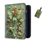 DISUOFEART RFID Passport Holder for Travel with Luggage Tags, PU Leather Passport Wallet with Multiple Card Slots, Travel Passport Case for Men & Women-29, Green Fairy & Butterfly, Art Deco