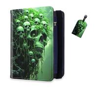 DISUOFEART RFID Passport Holder for Travel with Luggage Tags, PU Leather Passport Wallet with Multiple Card Slots, Travel Passport Case for Men & Women-22, Skulls Enwrapped in Green Vines, Art Deco