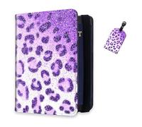 DISUOFEART RFID Passport Holder for Travel with Luggage Tags, PU Leather Passport Wallet with Multiple Card Slots, Travel Passport Case for Men & Women-3, Purple Glitter Leopard Print, Art Deco