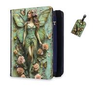 DISUOFEART RFID Passport Holder for Travel with Luggage Tags, PU Leather Passport Wallet with Multiple Card Slots, Travel Passport Case for Men & Women-29, Green Fairy with Roses & Butterfly, Art Deco