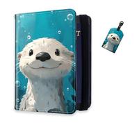 DISUOFEART RFID Passport Holder for Travel with Luggage Tags, PU Leather Passport Wallet with Multiple Card Slots, Travel Passport Case for Men & Women-26, Smiling Otter Underwater with Bubbles, Art