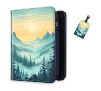 DISUOFEART RFID Passport Holder for Travel with Luggage Tags, PU Leather Passport Wallet with Multiple Card Slots, Travel Passport Case for Men & Women-8, Forest and Mountains, Art Deco