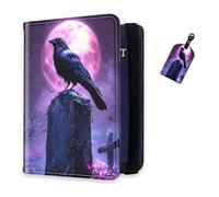 DISUOFEART RFID Passport Holder for Travel with Luggage Tags, PU Leather Passport Wallet with Multiple Card Slots, Travel Passport Case for Men & Women-18, Raven on Tombstone Under Pink Moon, Art Deco