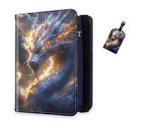 DISUOFEART RFID Passport Holder for Travel with Luggage Tags, PU Leather Passport Wallet with Multiple Card Slots, Travel Passport Case for Men & Women-28, Blue Dragon Wreathed in Flame, Art Deco