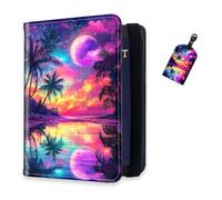 DISUOFEART RFID Passport Holder for Travel with Luggage Tags, PU Leather Passport Wallet with Multiple Card Slots, Travel Passport Case for Men & Women-10, Enchanted Moonlit Tropical Shore, Art Deco