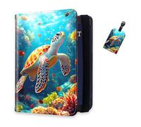 DISUOFEART RFID Passport Holder for Travel with Luggage Tags, PU Leather Passport Wallet with Multiple Card Slots, Travel Passport Case for Men & Women-13, Coral Reef-Backed Sea Turtle, Art Deco