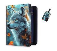 DISUOFEART RFID Passport Holder for Travel with Luggage Tags, PU Leather Passport Wallet with Multiple Card Slots, Travel Passport Case for Men & Women-27, Wolf in Fallen Leaves, Art Deco