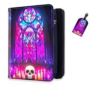 DISUOFEART RFID Passport Holder for Travel with Luggage Tags, PU Leather Passport Wallet with Multiple Card Slots, Travel Passport Case for Men & Women-8, Glass Window Skull Candles, Art Deco