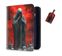 DISUOFEART RFID Passport Holder for Travel with Luggage Tags, PU Leather Passport Wallet with Multiple Card Slots, Travel Passport Case for Men & Women-25, Hooded Figure Amid Skulls & Red Sky, Art