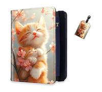 DISUOFEART RFID Passport Holder for Travel with Luggage Tags, PU Leather Passport Wallet with Multiple Card Slots, Travel Passport Case for Men & Women-24, Cat Napping on Cherry Blossom Branch, Art