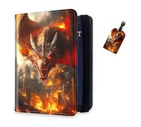 DISUOFEART RFID Passport Holder for Travel with Luggage Tags, PU Leather Passport Wallet with Multiple Card Slots, Travel Passport Case for Men & Women-20, Fiery Dragon Over Burning Castle, Art Deco