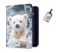 DISUOFEART RFID Passport Holder for Travel with Luggage Tags, PU Leather Passport Wallet with Multiple Card Slots, Travel Passport Case for Men & Women-16, Frosty Polar Bear Cub, Art Deco