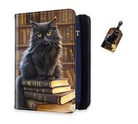 DISUOFEART RFID Passport Holder for Travel with Luggage Tags, PU Leather Passport Wallet with Multiple Card Slots, Travel Passport Case for Men & Women-8, Library Cat on Stacked Books, Art Deco