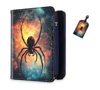 DISUOFEART RFID Passport Holder for Travel with Luggage Tags, PU Leather Passport Wallet with Multiple Card Slots, Travel Passport Case for Men & Women-18, Spider in Fiery Cosmic Web, Art Deco
