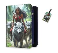 DISUOFEART RFID Passport Holder for Travel with Luggage Tags, PU Leather Passport Wallet with Multiple Card Slots, Travel Passport Case for Men & Women-16, Warrior Riding Wolf Pack, Art Deco
