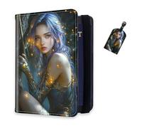 DISUOFEART RFID Passport Holder for Travel with Luggage Tags, PU Leather Passport Wallet with Multiple Card Slots, Travel Passport Case for Men & Women-15, Starlight Elf with Blue Hair, Art Deco