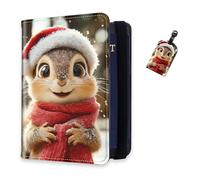 DISUOFEART RFID Passport Holder for Travel with Luggage Tags, PU Leather Passport Wallet with Multiple Card Slots, Travel Passport Case for Men & Women-21, Snowy Squirrel in Red Scarf and Hat, Art