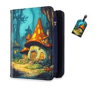 DISUOFEART RFID Passport Holder for Travel with Luggage Tags, PU Leather Passport Wallet with Multiple Card Slots, Travel Passport Case for Men & Women-7, Mushroom Houses in the Forest, Art Deco
