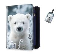 DISUOFEART RFID Passport Holder for Travel with Luggage Tags, PU Leather Passport Wallet with Multiple Card Slots, Travel Passport Case for Men & Women-15, Frosty Little Polar Bear Cub, Art Deco