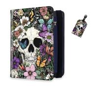 DISUOFEART RFID Passport Holder for Travel with Luggage Tags, PU Leather Passport Wallet with Multiple Card Slots, Travel Passport Case for Men & Women-8, Skull Surrounded by Flowers, Art Deco