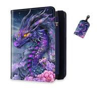 DISUOFEART RFID Passport Holder for Travel with Luggage Tags, PU Leather Passport Wallet with Multiple Card Slots, Travel Passport Case for Men & Women-9, Purple Dragon Flower, Art Deco