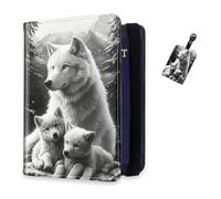 DISUOFEART RFID Passport Holder for Travel with Luggage Tags, PU Leather Passport Wallet with Multiple Card Slots, Travel Passport Case for Men & Women-23, White Wolf & Pups in Snowy Mountains, Art